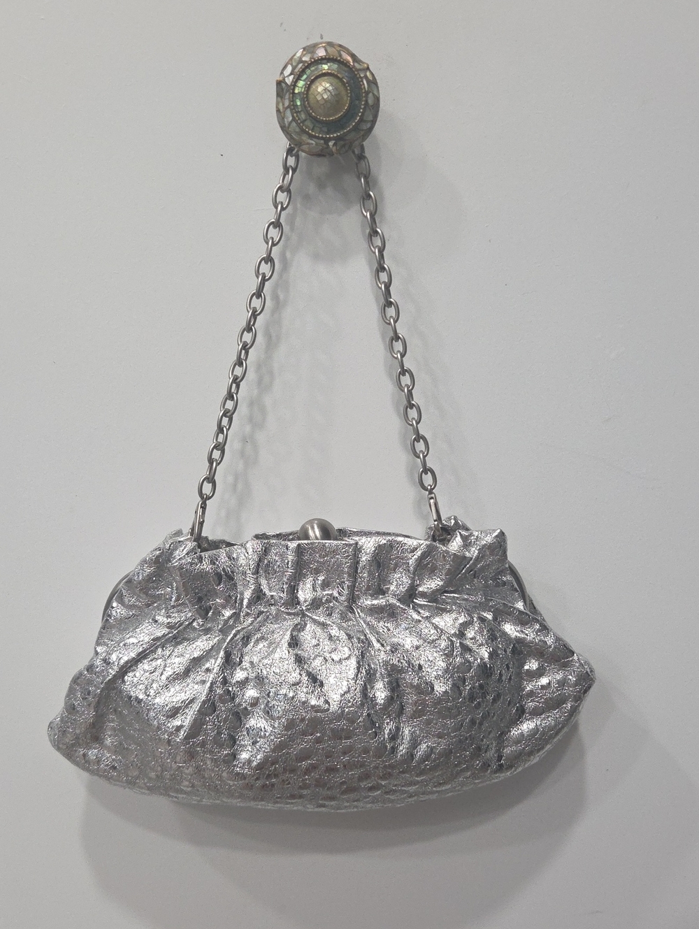 Kenneth Cole Reaction Metallic Silver Chain-Handle Kisslock Clutch